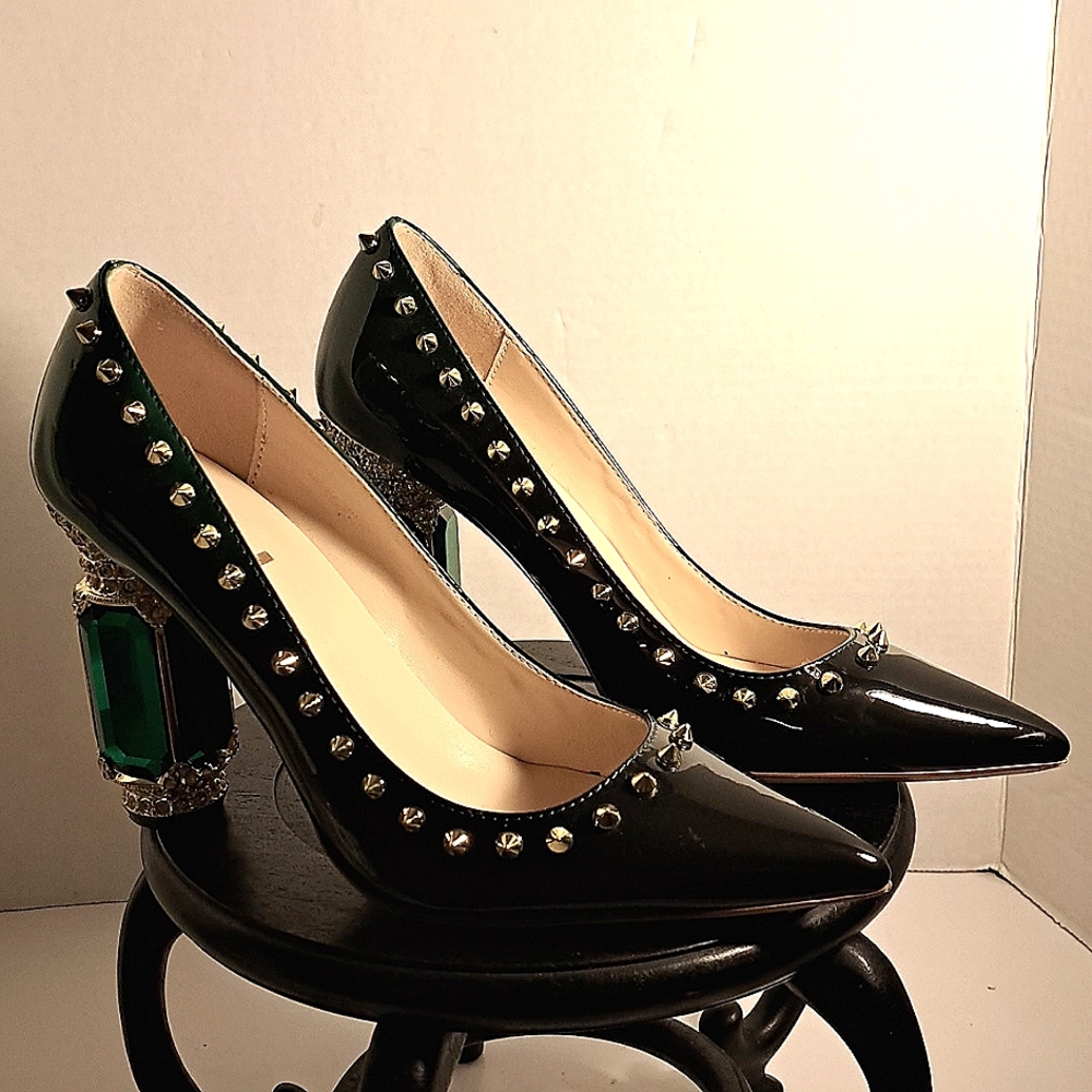 FSJ Olive Pointed Toe Chunky Block Heel Crystal Pumps Dress Shoes